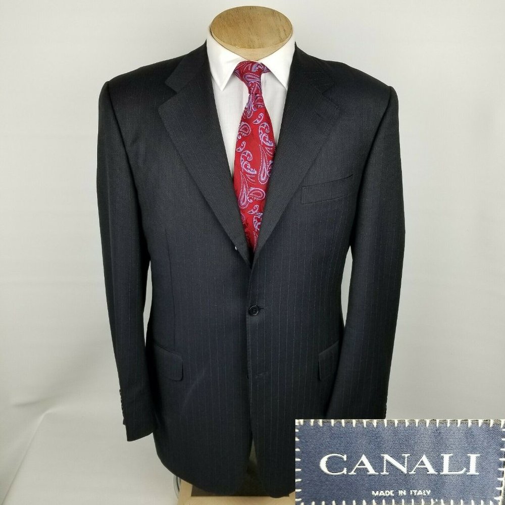 Canali Mens Sport Coat 42L Wool Navy Blue Stripe